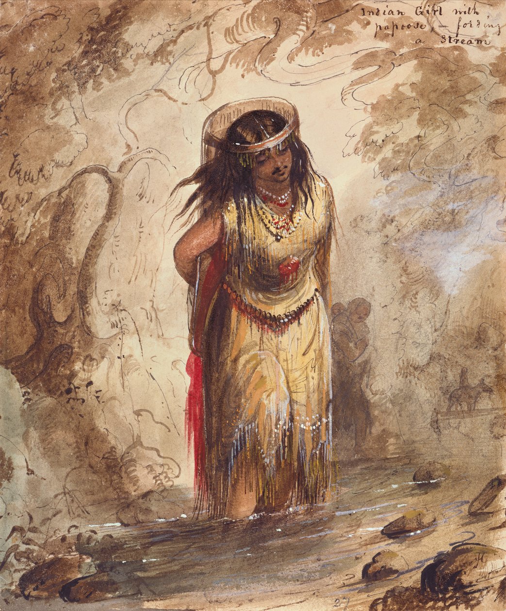 Indisk flicka med Papoose Fording a Stream, ca 1837 (penna, akvarell och gouache på papper) av Alfred Jacob Miller
