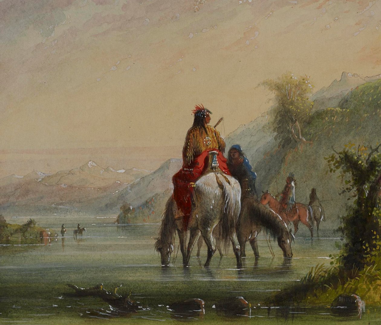 Indianska flickor vattnar hästar (Eau Sucre-floden) av Alfred Jacob Miller