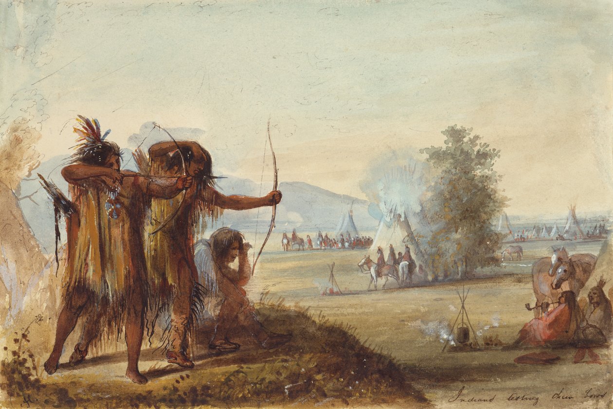 Indianer testar sina bågar, ca 1858 (penna, akvarell och gouache på papper) av Alfred Jacob Miller
