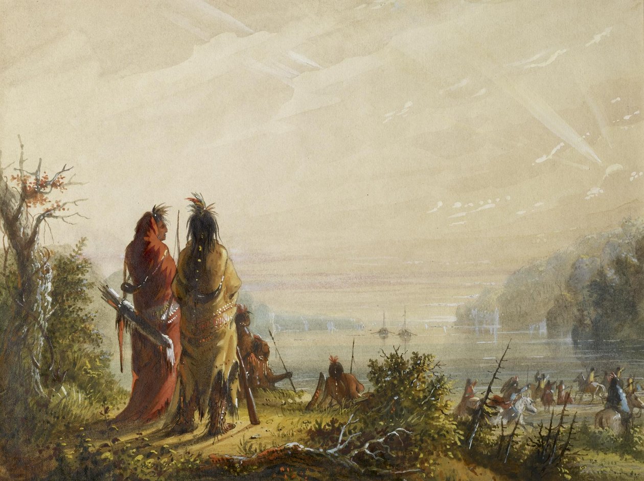 Indianer hotar att attackera pälsbåtar av Alfred Jacob Miller