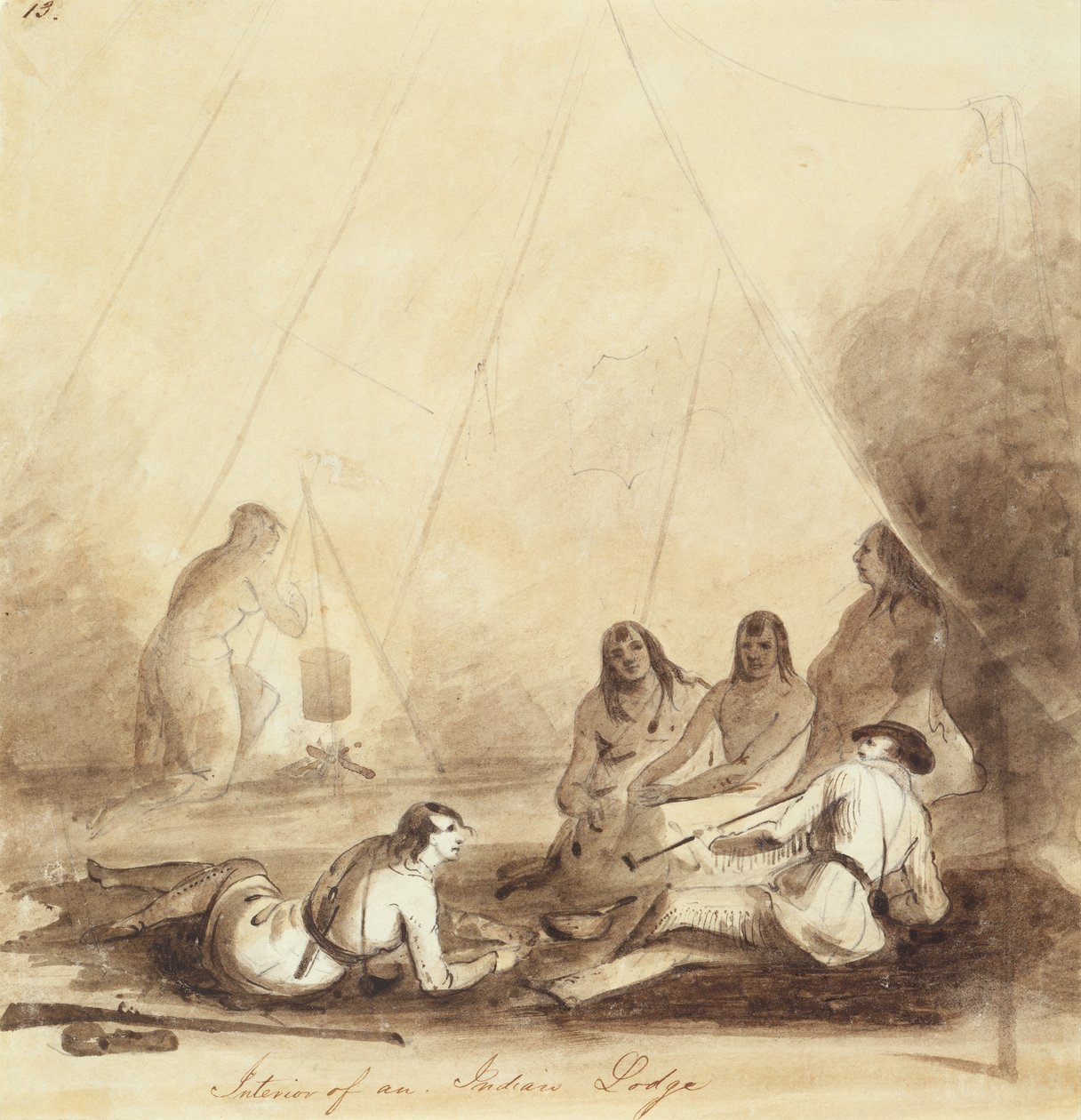 Interiör av en indianloge, ca 1837 (penna, penna och bläck och tvätt på papper) av Alfred Jacob Miller