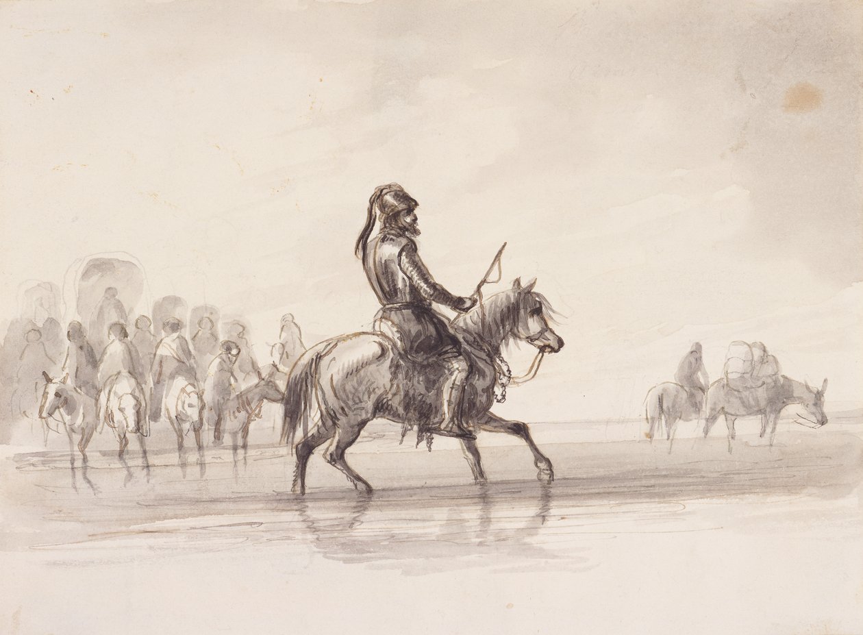 Jim Bridger, in a Suit of English Armour, c.1837 (penna och bläck och tvätt på papper) av Alfred Jacob Miller