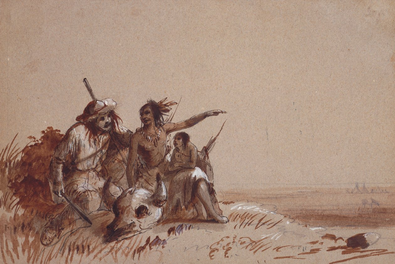 Kansas Indian Recounting to a Trapper, av Signs, the Migration of Buffalo, c.1837 (penna och bruna och svarta tvättar på papper) av Alfred Jacob Miller