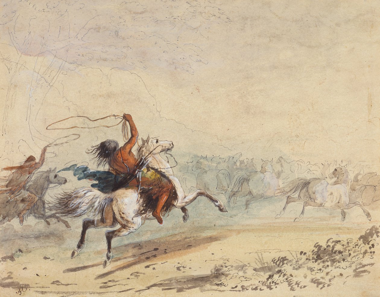 Lassoing Wild Horses, ca 1837 (penna, penna, bläck, akvarell och gouache på papper) av Alfred Jacob Miller