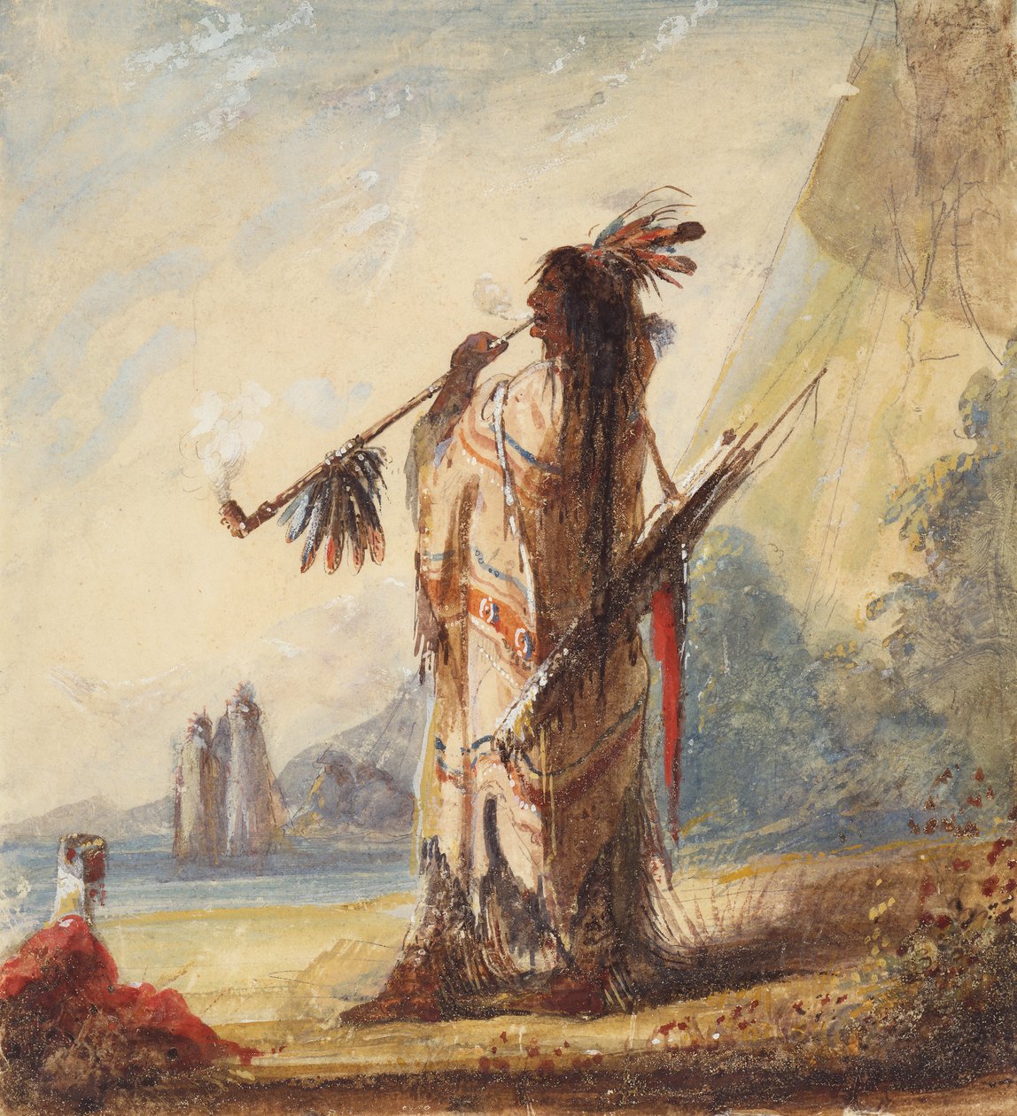 Leisure With Dignity Smoking the Calumet, c.1837 (penna, akvarell och gouache på papper) av Alfred Jacob Miller