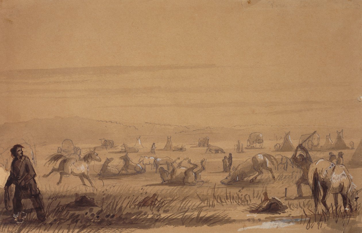 Reaching Camp, Removing the Sadles, c.1837 (penna, penna och bläck, tvätt och gouache på papper) av Alfred Jacob Miller