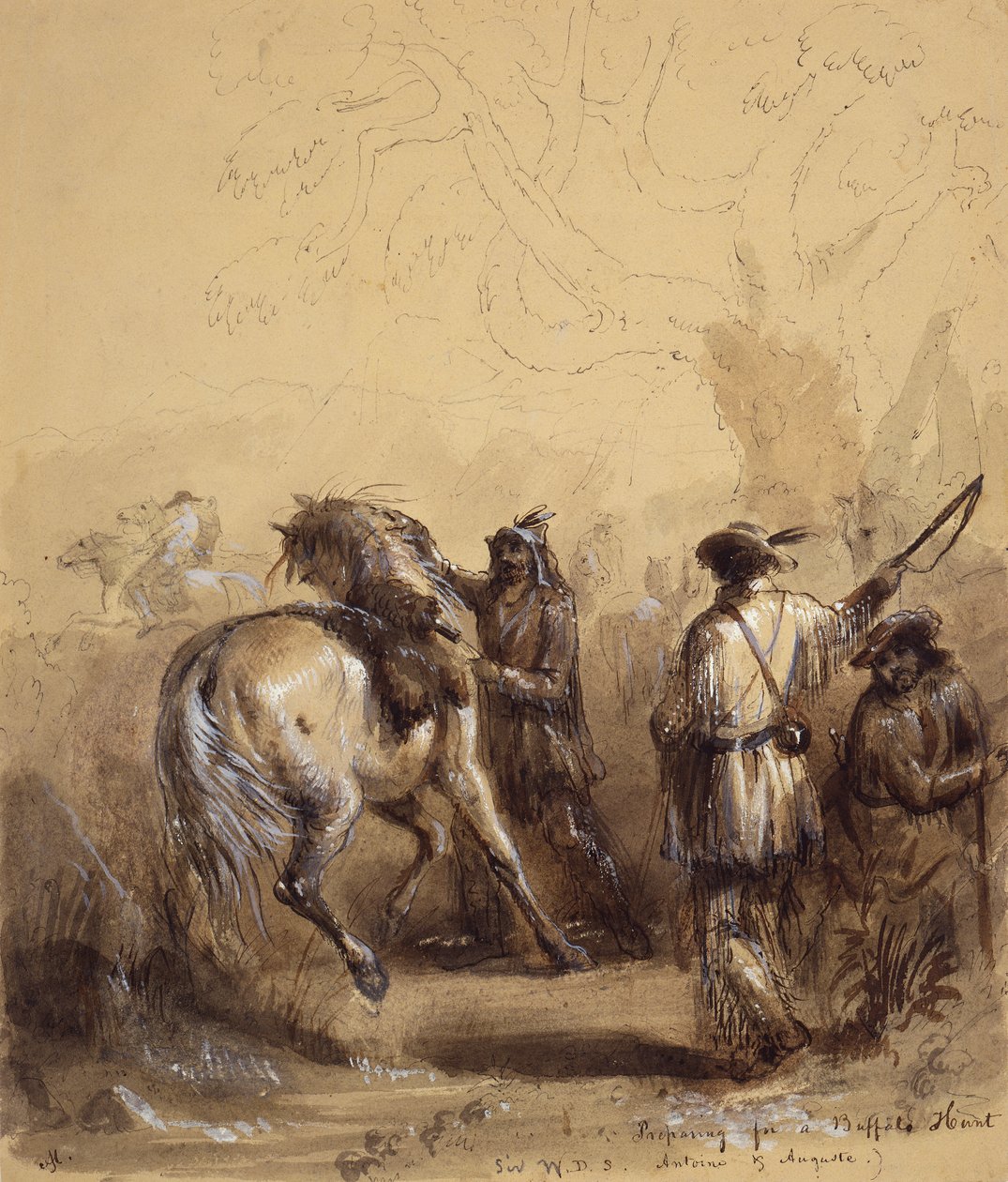 Sir W.D.S., Antoine och Auguste eller Preparing for a Buffel Hunt, c.1837 (penna och bläck, tvätt och gouache på papper) av Alfred Jacob Miller