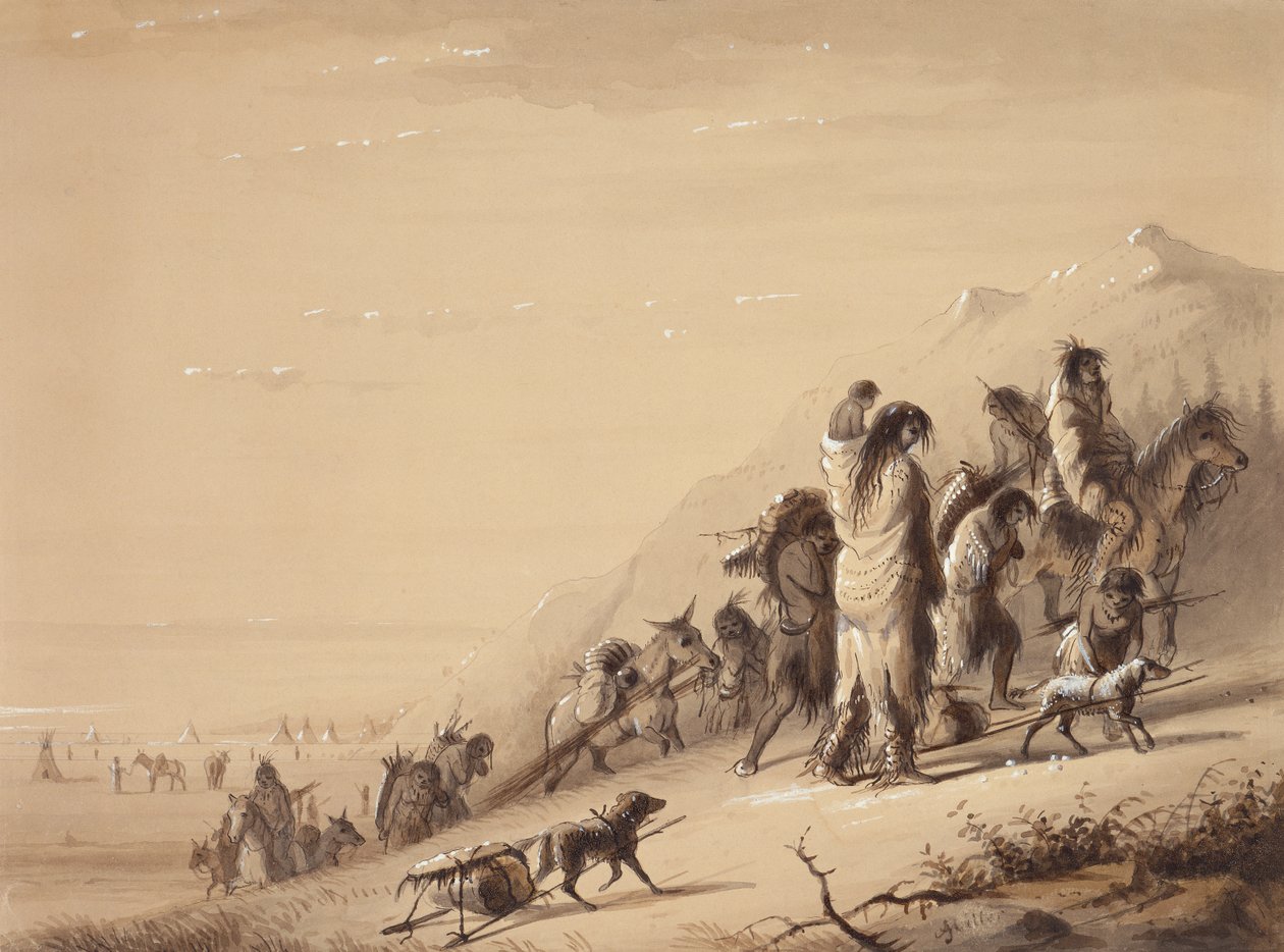 Snake Indians Migrating, c.1837 (penna och bläck, tvätt och gouache på papper) av Alfred Jacob Miller