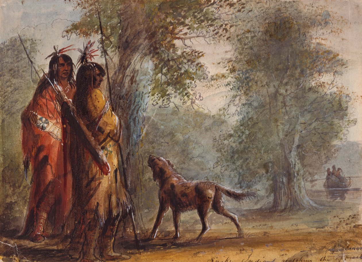 Snake Indians Watching the Approach of a Canoe, ca 1837 (penna, akvarell och gouache på papper) av Alfred Jacob Miller