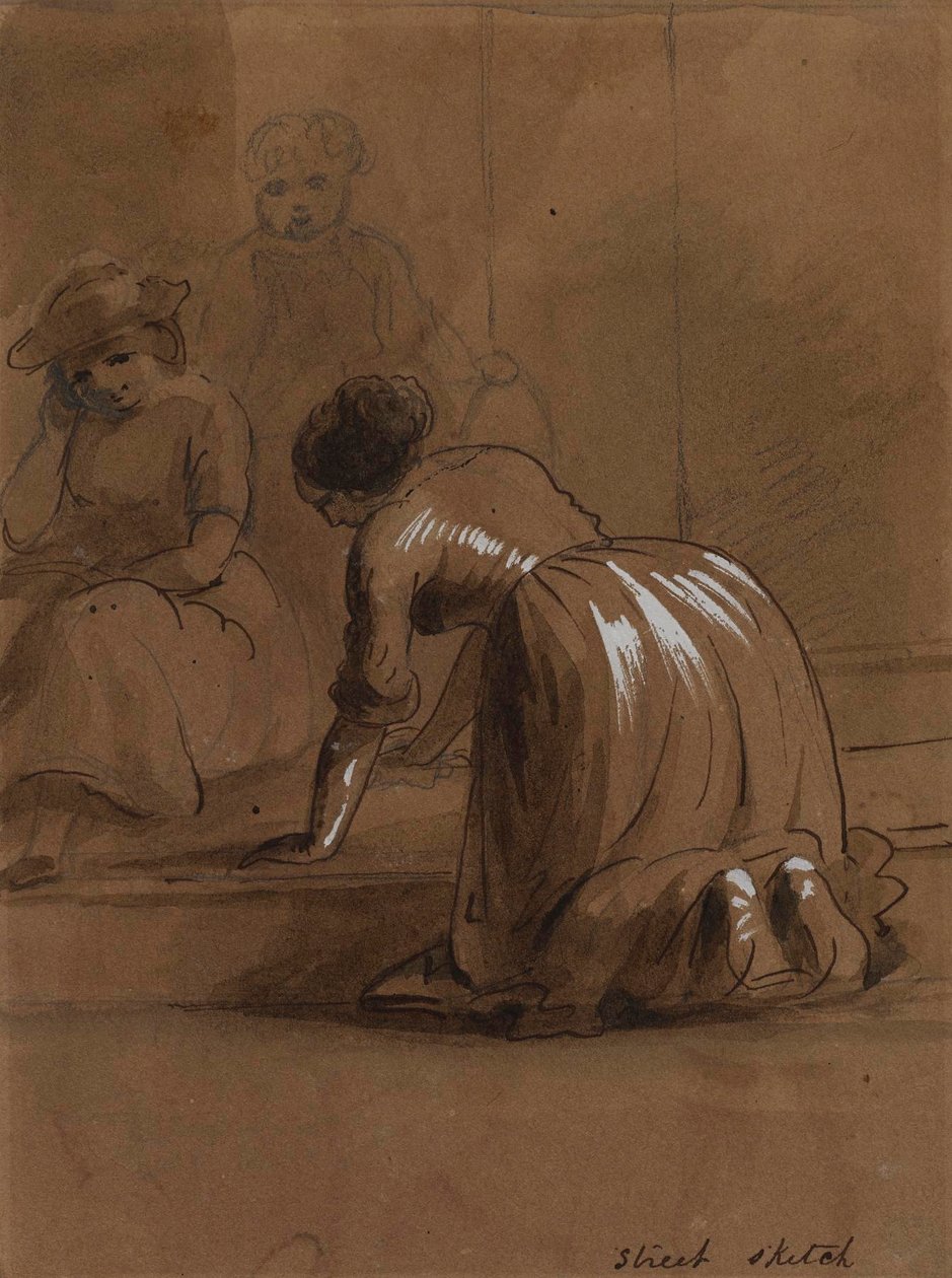 Gatuteckning. Tvätttrappor. av Alfred Jacob Miller