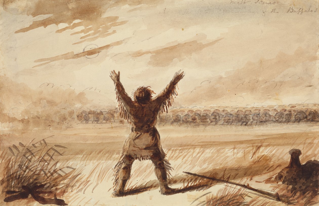 Trapper Disturbed in Rest by a Herd of Buffalo, c.1837 (penna, penna och bläck, och tvätta på papper) av Alfred Jacob Miller