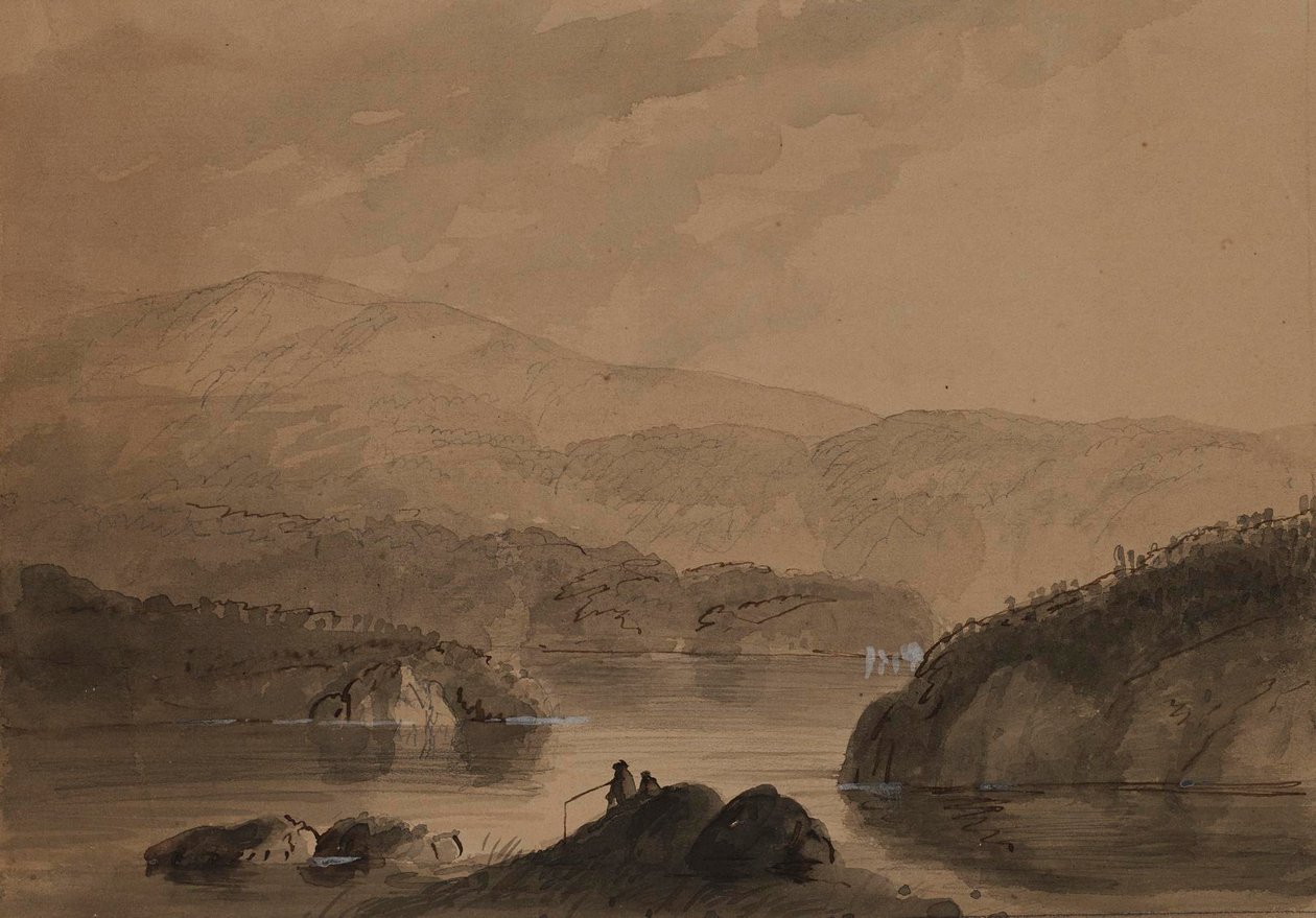 Vy över män som fiskar från en klippa i en sjö av Alfred Jacob Miller