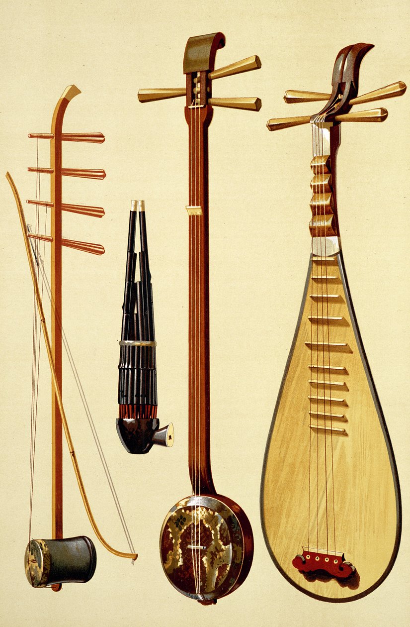 En huqin och pilbåge, en sheng, en sanxian och en pipa, kinesiska instrument från 