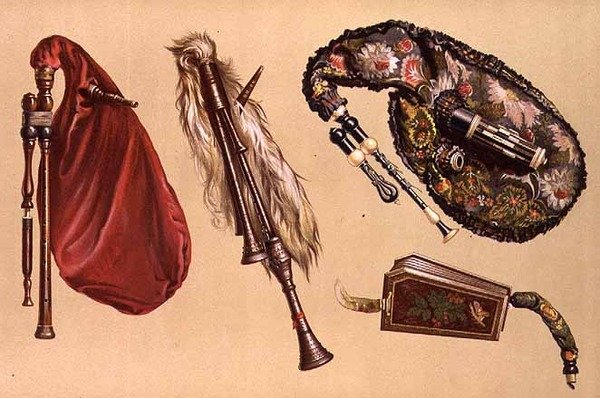 Säckpipor: fyra inklusive en Cornemuse, en Calabrian och en Musette, från "Musical Instruments" (färgad litho) av Alfred James Hipkins
