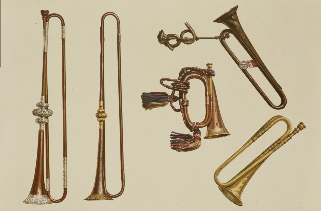 Kavalleritrumpet, en bugel, en förgylld trumpet gjord av John Harris c.1730, en trumpet och en silvermonterad trumpet av William Ball c.1680, från 