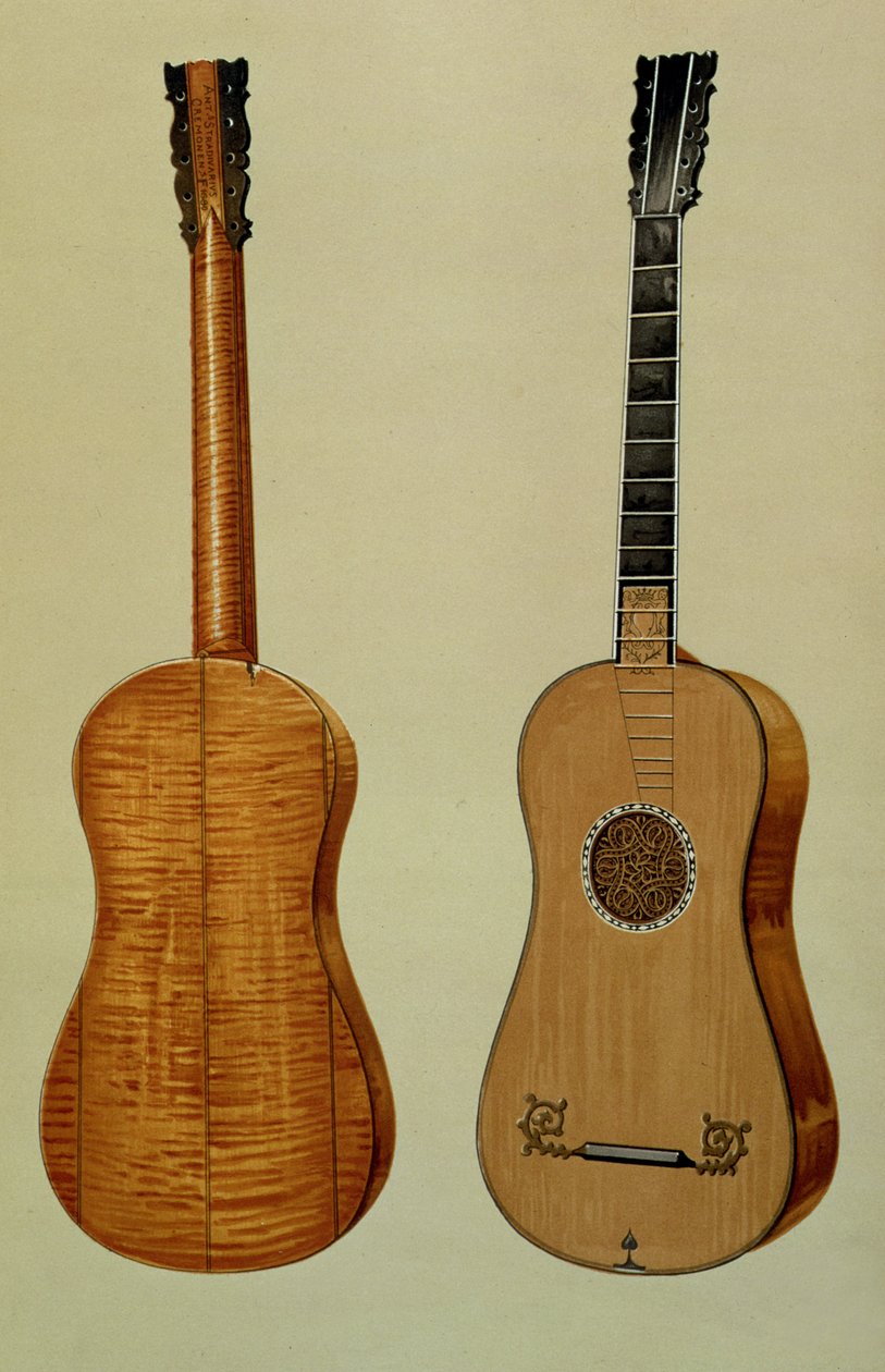 Gitarr tillverkad av Antonio Stradivarius (ca 1644-1737), från "Musical Instruments" (färgad litografi) av Alfred James Hipkins