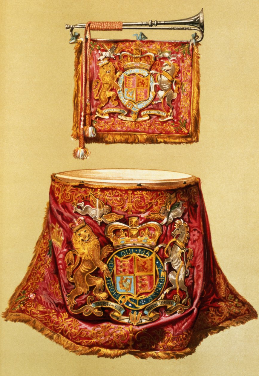 Statlig trumpet, troligen George III, och trumpet, med tillbehör från "Musical Instruments" (färgad litho) av Alfred James Hipkins