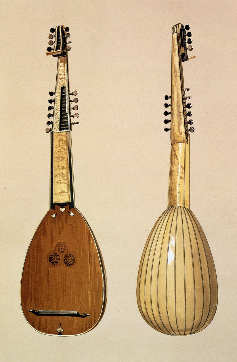 Teorbo, tillverkad av Giovanni Krebar, Padua, 1629, från "Musical Instruments" av (färgad litografi) av Alfred James Hipkins