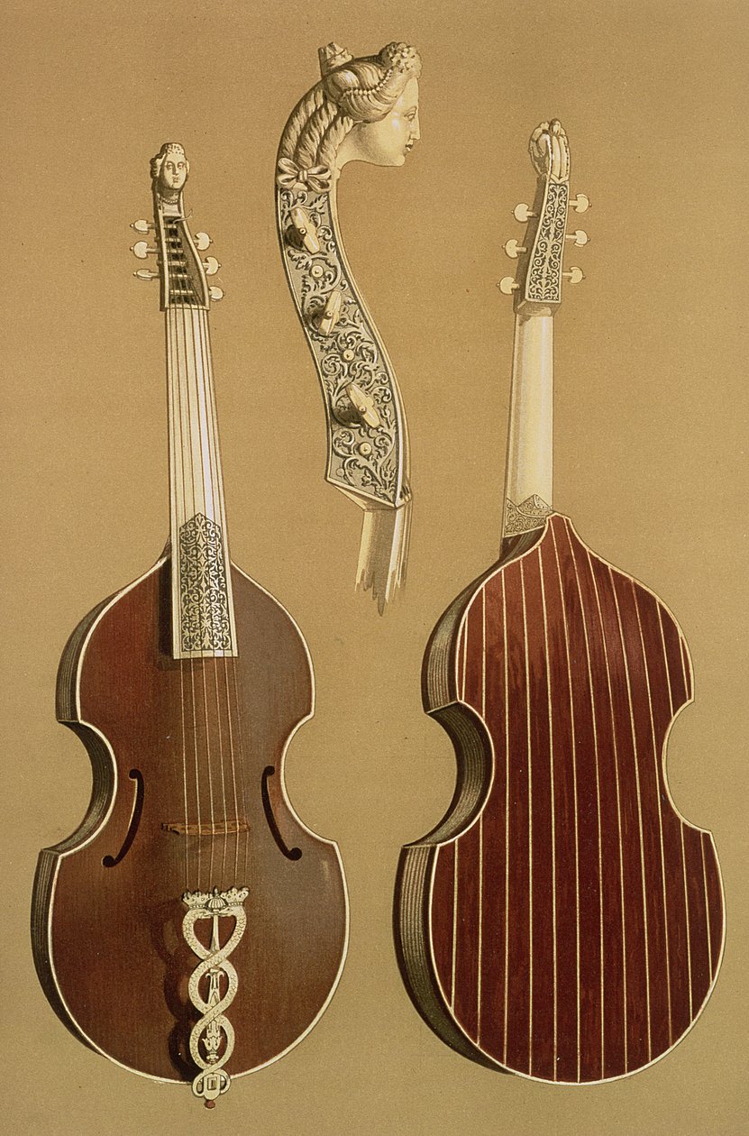 Viola da Gamba, eller basgamba, av Joachim Tielke (1641-1719) Hamburg, 1701, från "Musical Instruments" (färgad litografi) av Alfred James Hipkins
