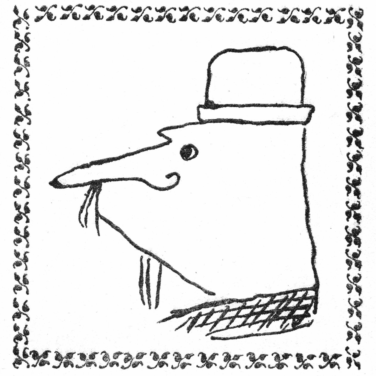 Porträtt av Monsieur Ubu av Alfred Jarry. Pennteckning i en typografisk ram av trebladiga trådar -Princepsutgåva av Ubu Roi, Mercure de France, juni 1896. av Alfred Jarry