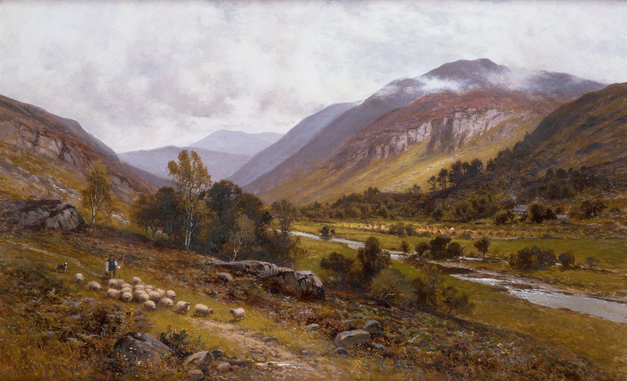 En floddal med ett bergigt landskap bortom (olja på duk) av Alfred Jr. Glendening