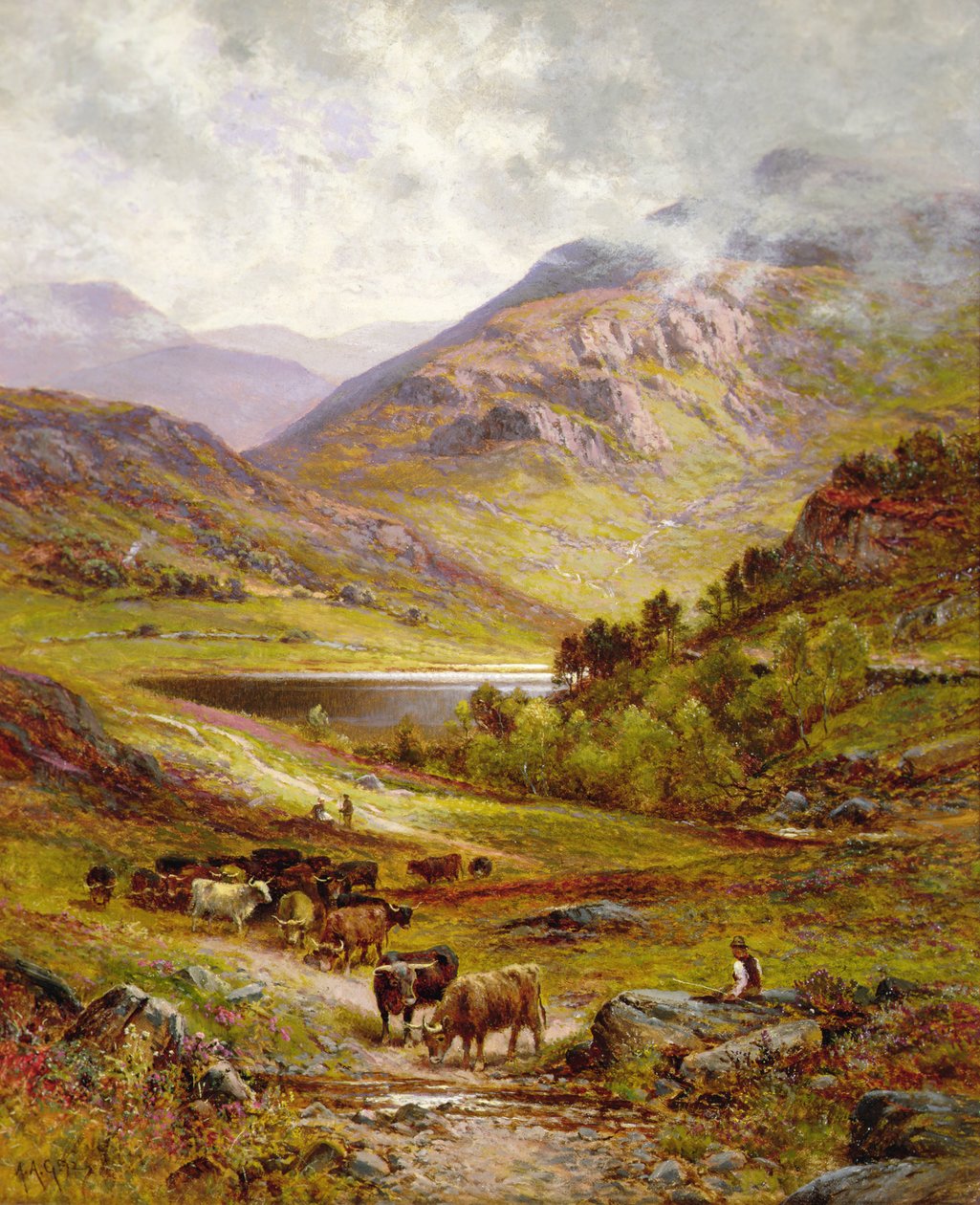 Longhorn-boskap i ett bergigt landskap av Alfred Jr. Glendening