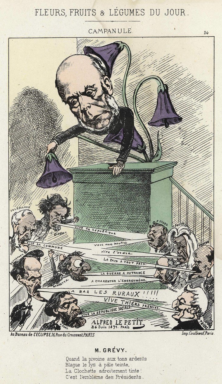 Klocka: karikatyr på Grévy - ill. från 1871-06-26 av Alfred Le Petit, i "Dagens blommor, frukter och grönsaker" av Alfred Le Petit