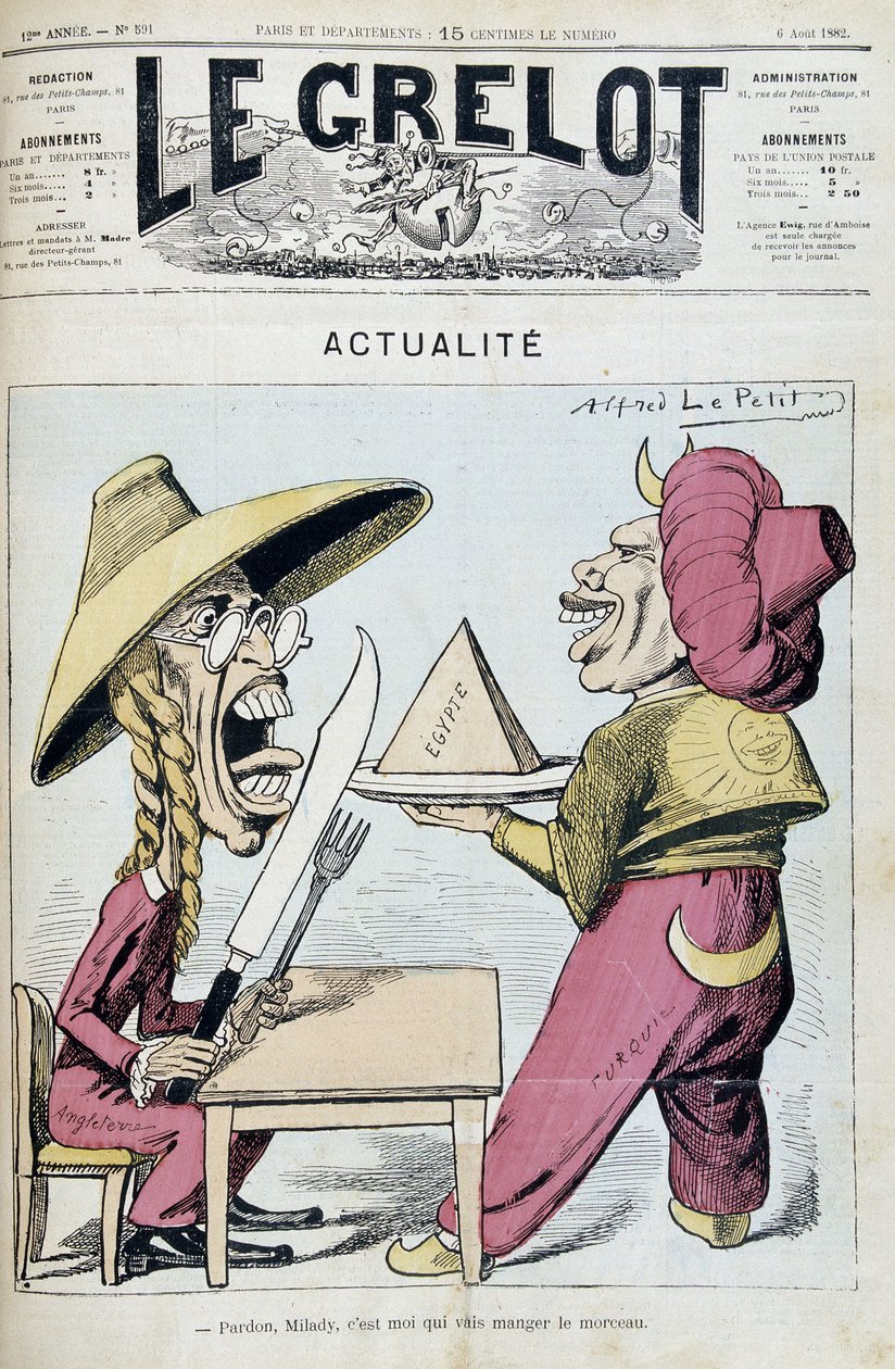 Tecknad serie om tvisten mellan Turkiet och England om Egypten - av Alfred Le Petitty, i "" Le Grelot"" av 1892-08-06 av Alfred Le Petit