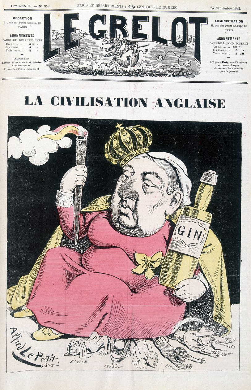 Engelsk civilisation: Victoria, en flaska gin i handen, sittande på Egypten, Irland, Indien, Afrika och Kina - av Alfred Le Petitty, i "" Le Grelot"" från 1882-09-24 av Alfred Le Petit
