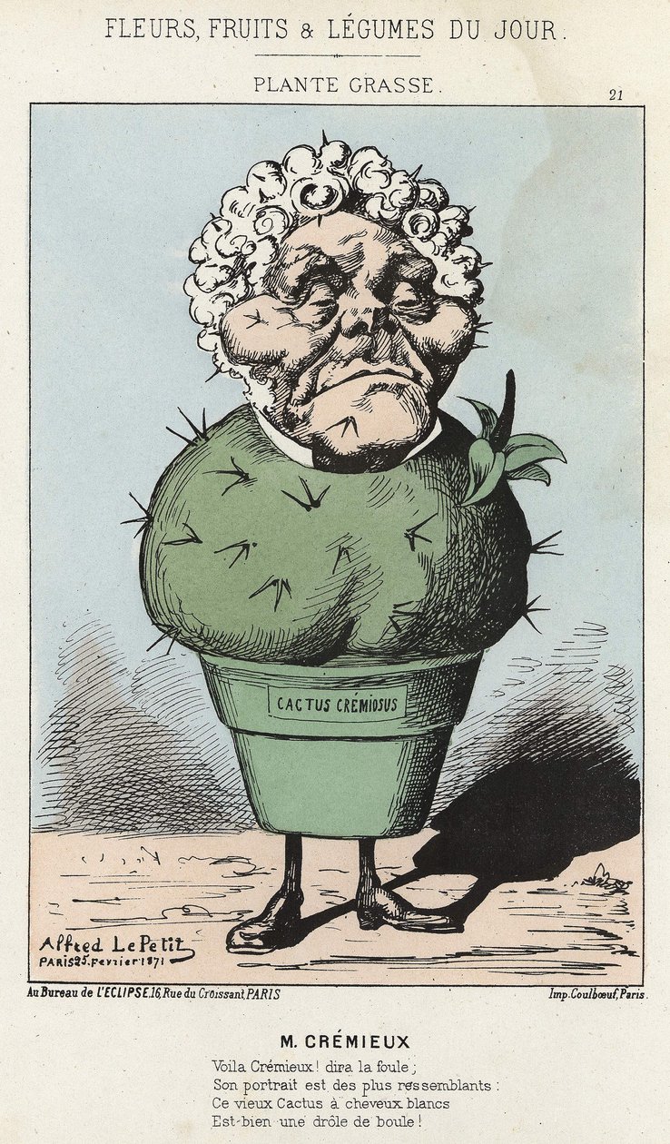 Grasse Plant: Tecknad film om Adolphe Crémieux - ill. från 1871-02-25 i "Dagens blommor, frukter och grönsaker" av Alfred Le Petit