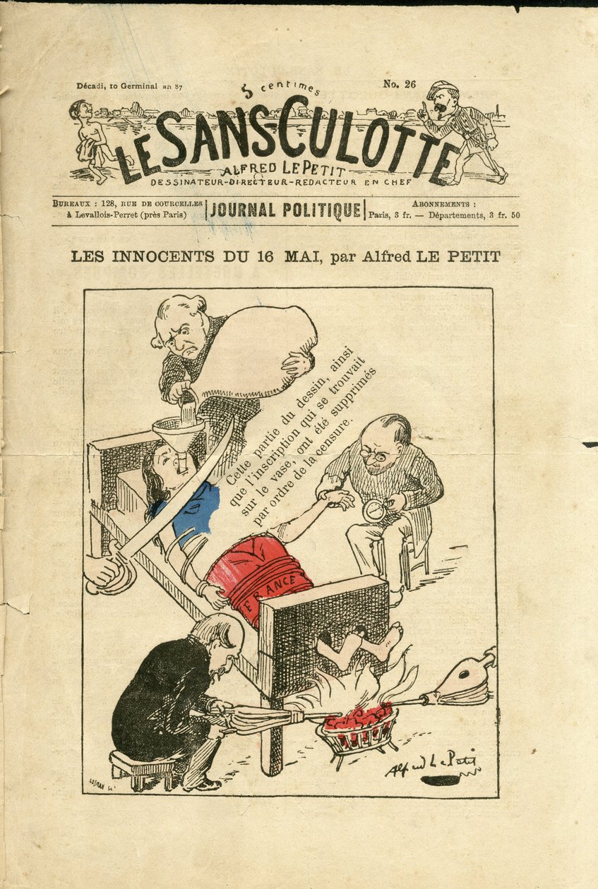 Illustration av Alfred Le Petit (1841-1909) för omslaget till Le Sans-Culotte, cirka 1879 - The Innocents den 16 maj - Censur, 16 maj av Alfred Le Petit