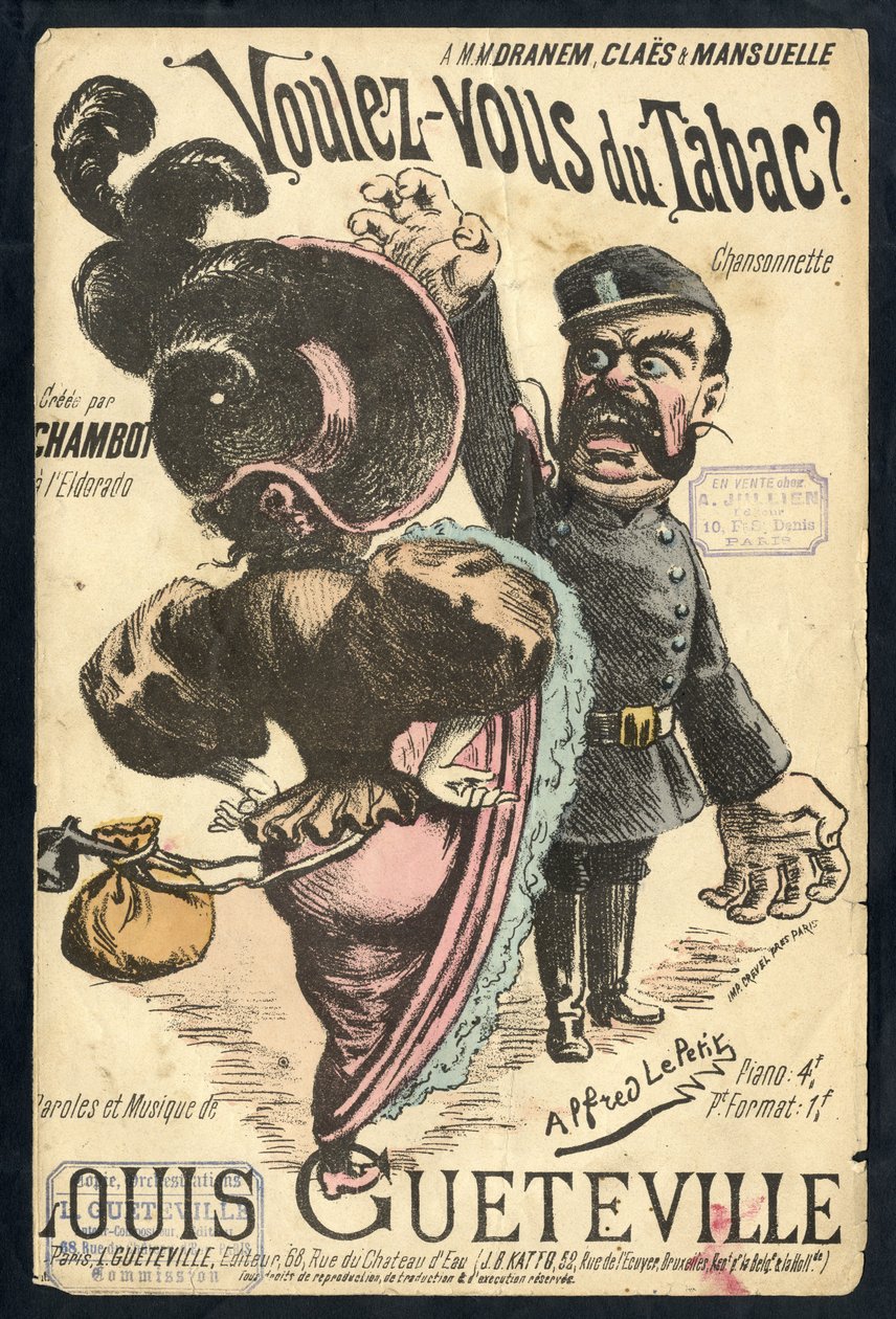 Illustration av Alfred Le Petité (1841-1909) i "" Chanson illustratese "", cirka 1900 - Vouvous du tabac. Louis Gueteville - Rökning, tobak av Alfred Le Petit