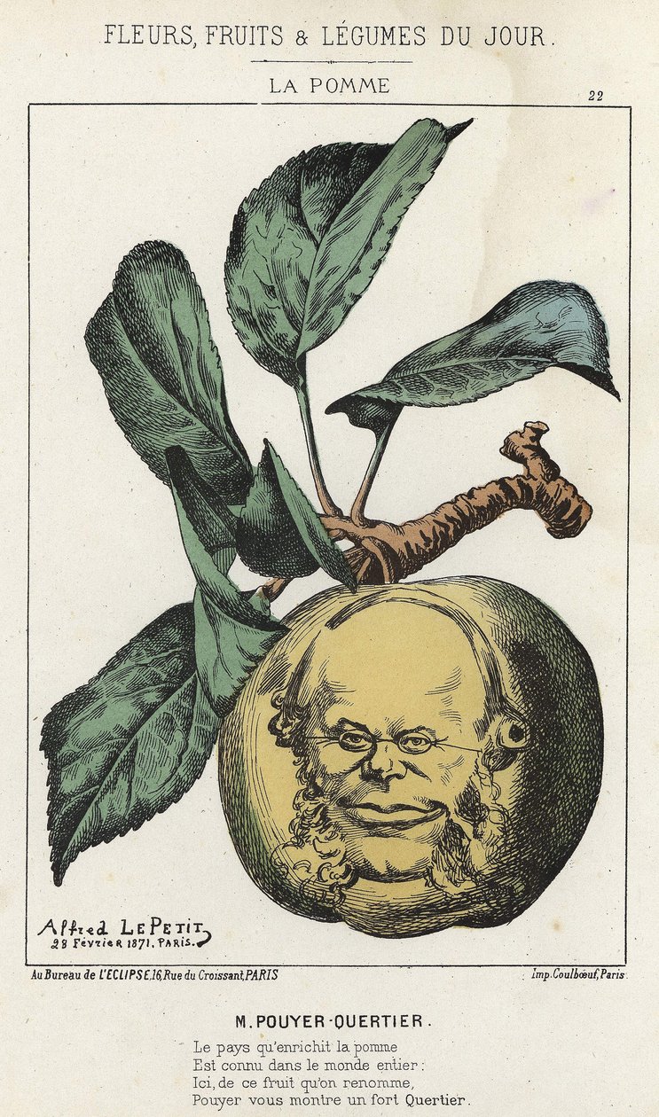 La Pomme: karikatyr på Pouyer Quertier (Pouyer-Quertier) - ill. från 1871-02-28 i "Dagens blommor, frukter och grönsaker" av Alfred Le Petit