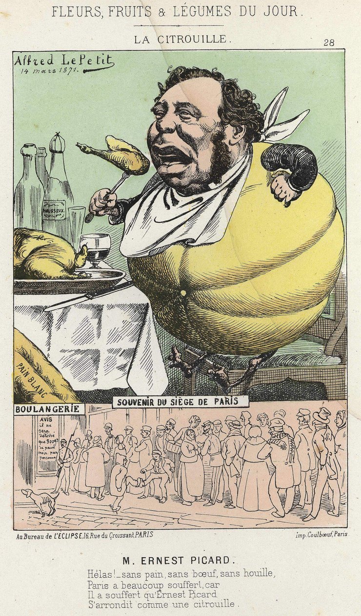La Pumpkin: Karikatyr på Ernest Picard - ill. av 14/03/1871 "Dagens blommor, frukter och grönsaker" av Alfred Le Petit