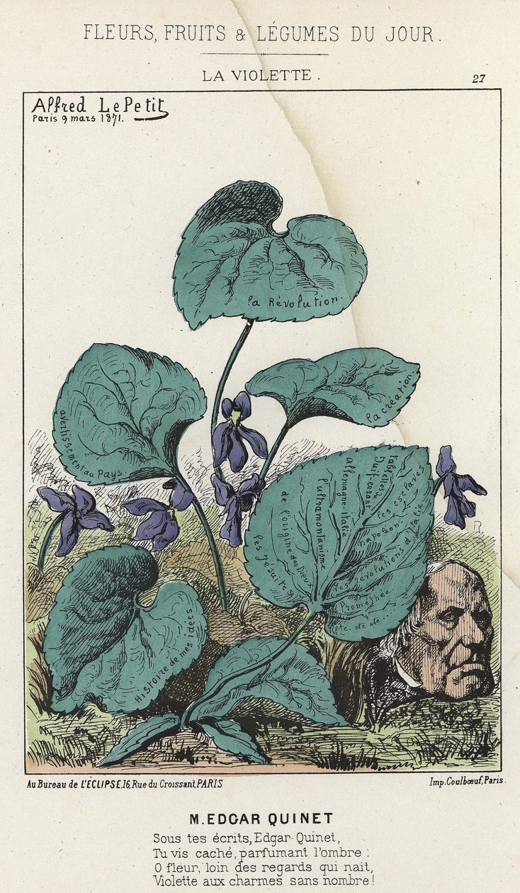 La Violette: Tecknad film om Edgar Quinet - ill. från 1871-03-09 i ”Dagens blommor, frukter och grönsaker” av Alfred Le Petit