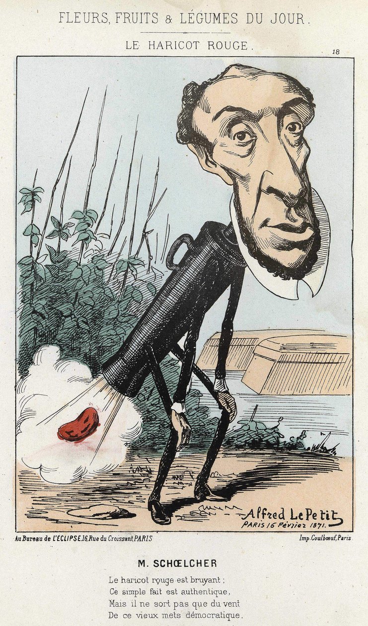 Le Bean rouge: karikatyr av Victor Schoelcher representerar i Peters tåg en böna (fjärt) - sjuk. av 16/02/1871 av Alfred Le Petité, i ""Dagens blommor, frukter och grönsaker"". av Alfred Le Petit