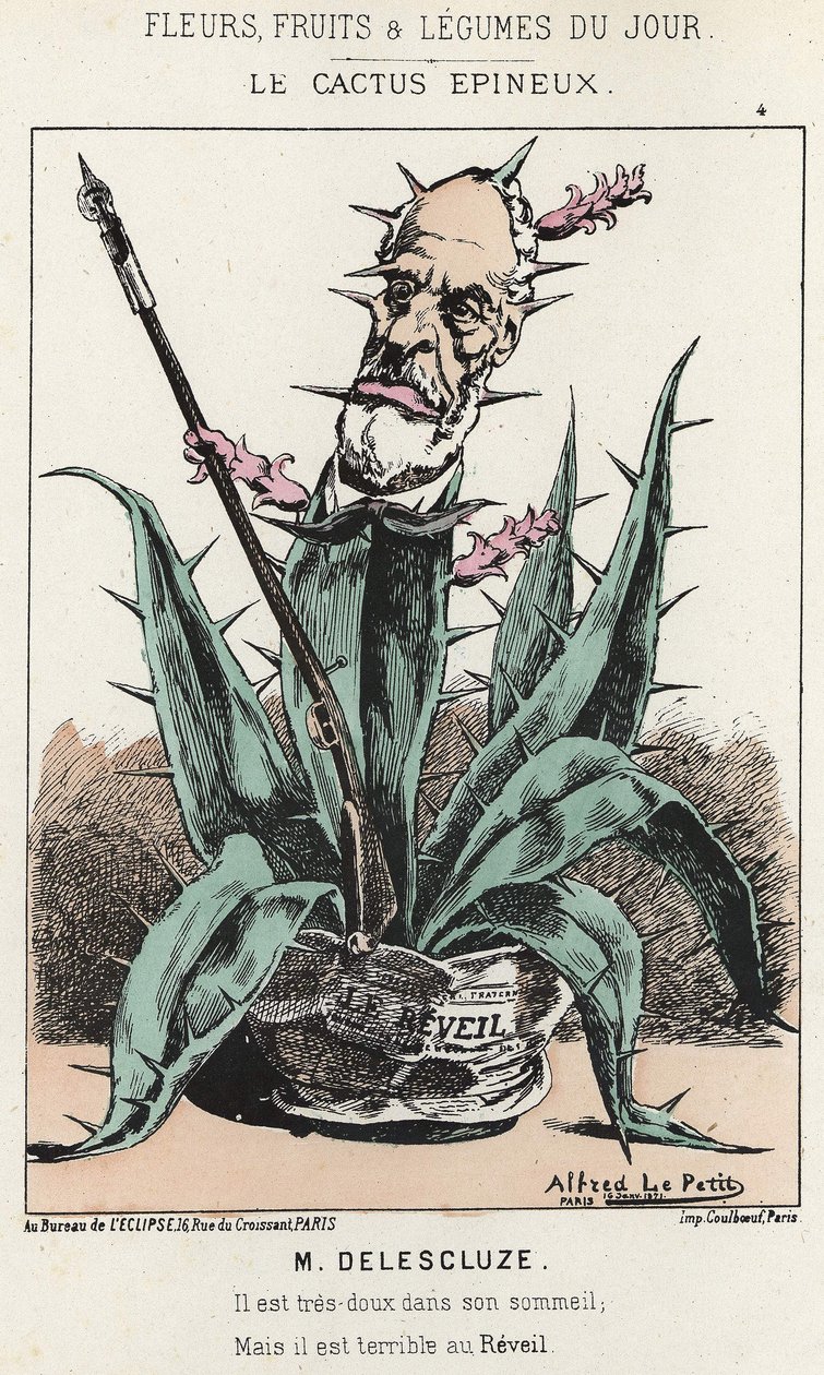 Le Cactus Spineux: Tecknad film om Louis Charles Delescluze (1809 - 1871) - ill. från 1871-01-16 i "Dagens blommor, frukter och grönsaker" av Alfred Le Petit