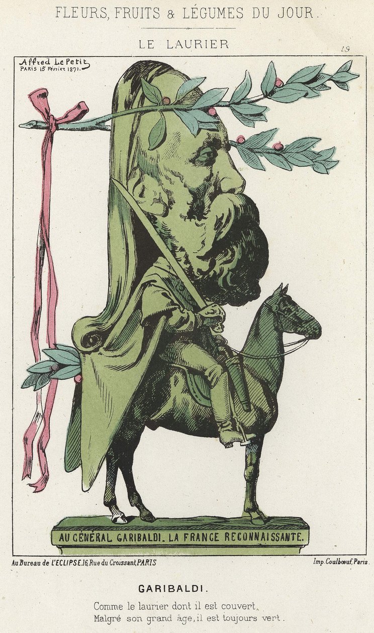 Le Laurier: Tecknad film om Garibaldi - ill. från 1871-02-15 i "Dagens blommor, frukter och grönsaker" av Alfred Le Petit