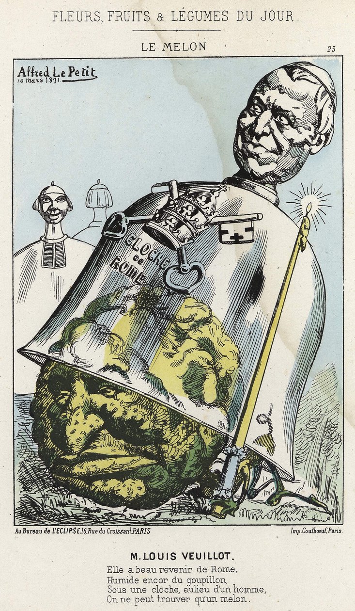 The Melon: Cartoon on Louis Veuillot - ill. från 1871-10-03 i ”Dagens blommor, frukter och grönsaker” av Alfred Le Petit