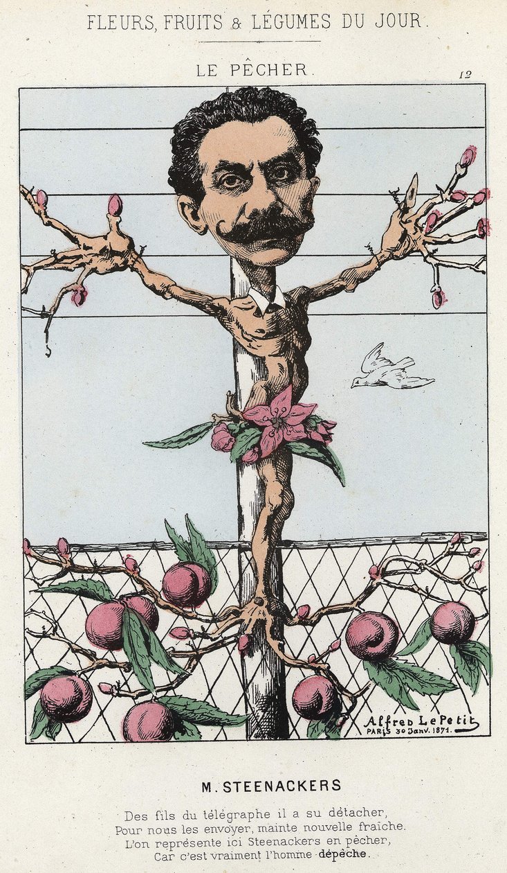 Le Pêcher: Tecknad film om Steenackers - ill. från 1871-01-30 i "Dagens blommor, frukter och grönsaker" av Alfred Le Petit
