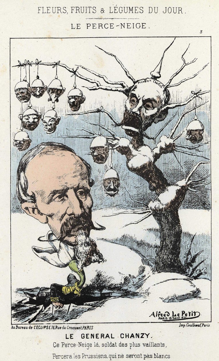 Le Perce-Neige: karikatyr om general Antoine Alfred Eugène Chanzy (1823 - 1883) - ill. från 1871-01-15 i "Dagens blommor, frukter och grönsaker" av Alfred Le Petit