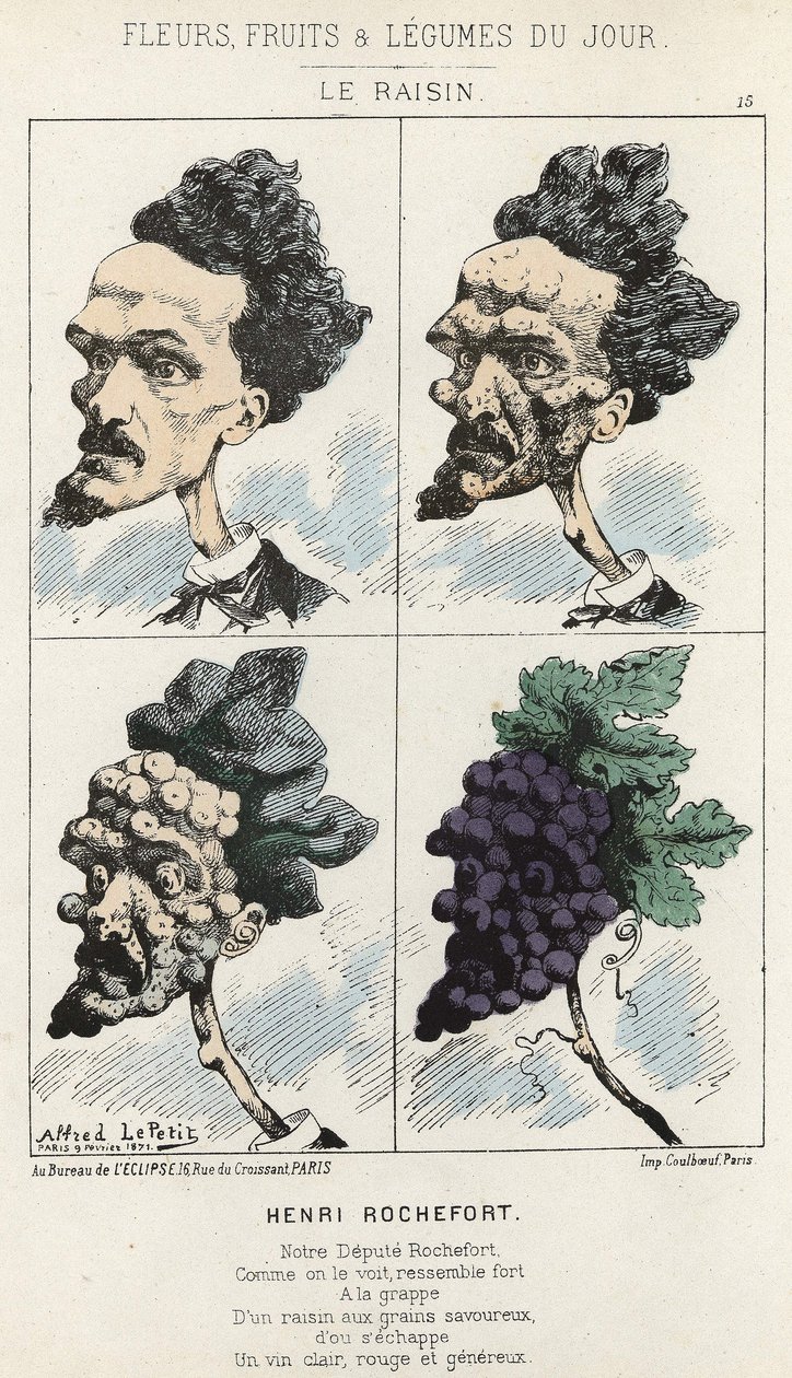 Le Raisin: Tecknad film om Henri Rochefort - ill. från 1871-02-09 i "Dagens blommor, frukter och grönsaker" av Alfred Le Petit