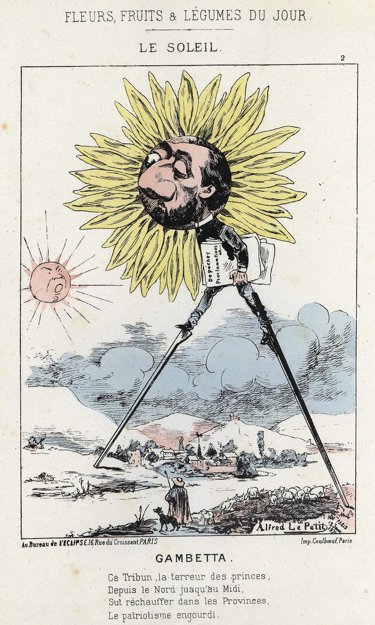 Le Soleil (solros): karikatyr på Gambetta (1838 - 1882) - ill. från 1871-01-12 i "Dagens blommor, frukter och grönsaker" av Alfred Le Petit