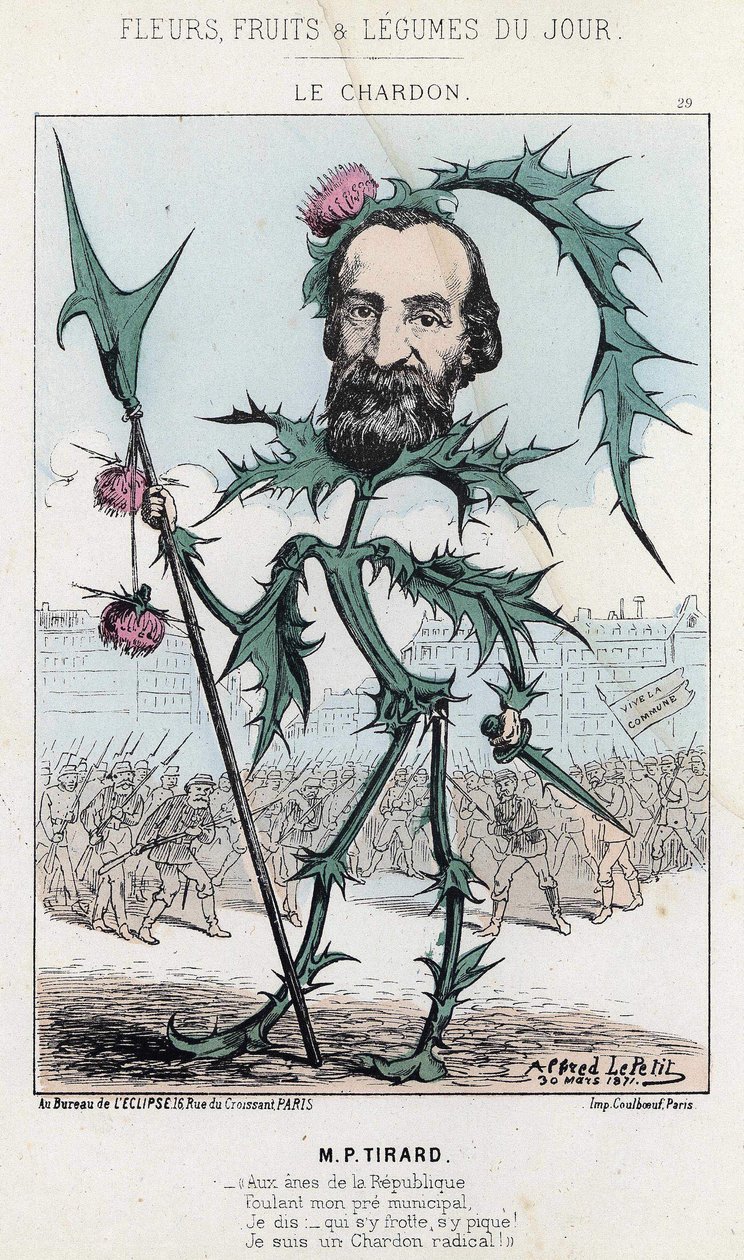 Le Thistle: karikatyr om P. Tirard - ill. från 1871-03-30 "Dagens blommor, frukter och grönsaker" av Alfred Le Petit