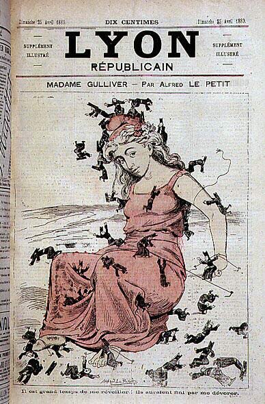 Madame Gulliver: Det är hög tid att väcka mig: de skulle ha ätit upp mig (Marianne reser sig upp och prästmän i Lilliputians försöker binda henne) - av Alfred Le Petitty, i "Lyon Républicain" den 25/04/1880 av Alfred Le Petit