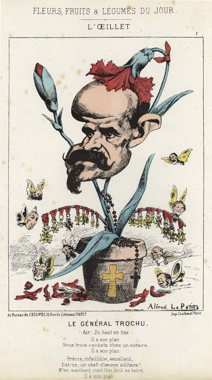 Nejlikan: Tecknad film om general Louis Jules Trochu (1815 - 1896) - ill. av 1871-01-11 i "Dagens blommor, frukter och grönsaker" av Alfred Le Petit