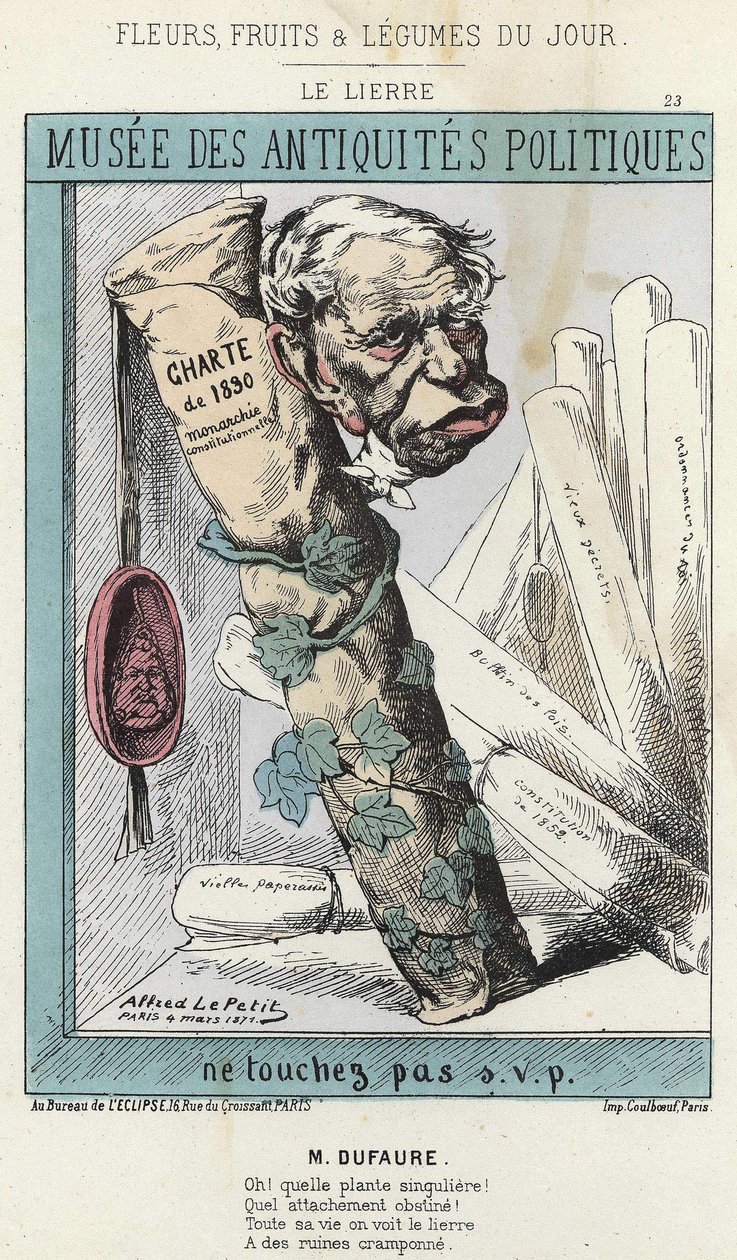 Murgrönan: Tecknad film om Jules Armand (Jules-Armand) Dufaure (1798-1881) i murgröna som omger en pappersrulle med "Charter of 1830" skrivet på den och ett sigill med huvudet på kung Louis Philippe 1:a. - sjuk. av 04/03/1871 i ” Blommor, frukter och gröns av Alfred Le Petit