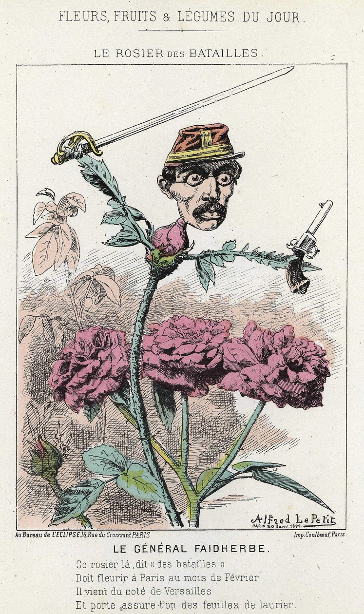 The Rosier des Batailles: tecknad serie om general Faidherbe - ill. från 1871-01-20 i "Dagens blommor, frukter och grönsaker" av Alfred Le Petit
