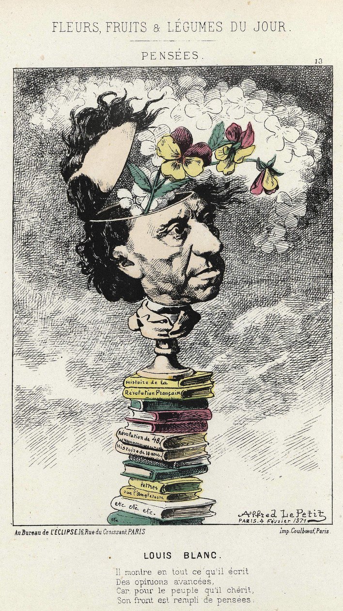Tankar: Tecknad film om Louis Blanc - ill. från 1871-02-04 i "Dagens blommor, frukter och grönsaker" av Alfred Le Petit