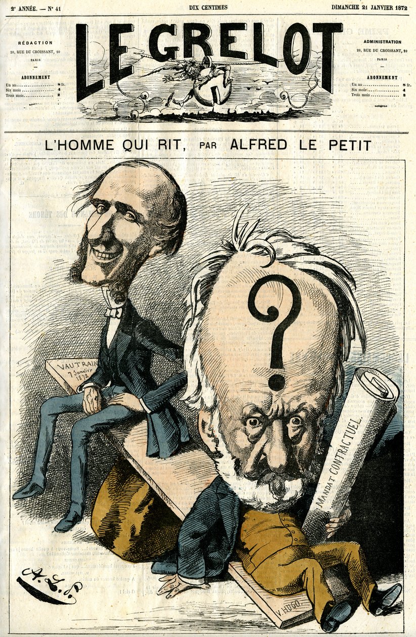 Victor Hugo och Mannen som skrattar. Karikatyr av Alfred Le Petit